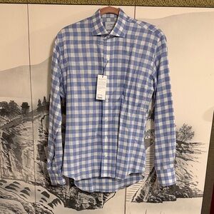 Ledbury Blue Gingham Linen Blend Men's Slim Casual Shirt - M